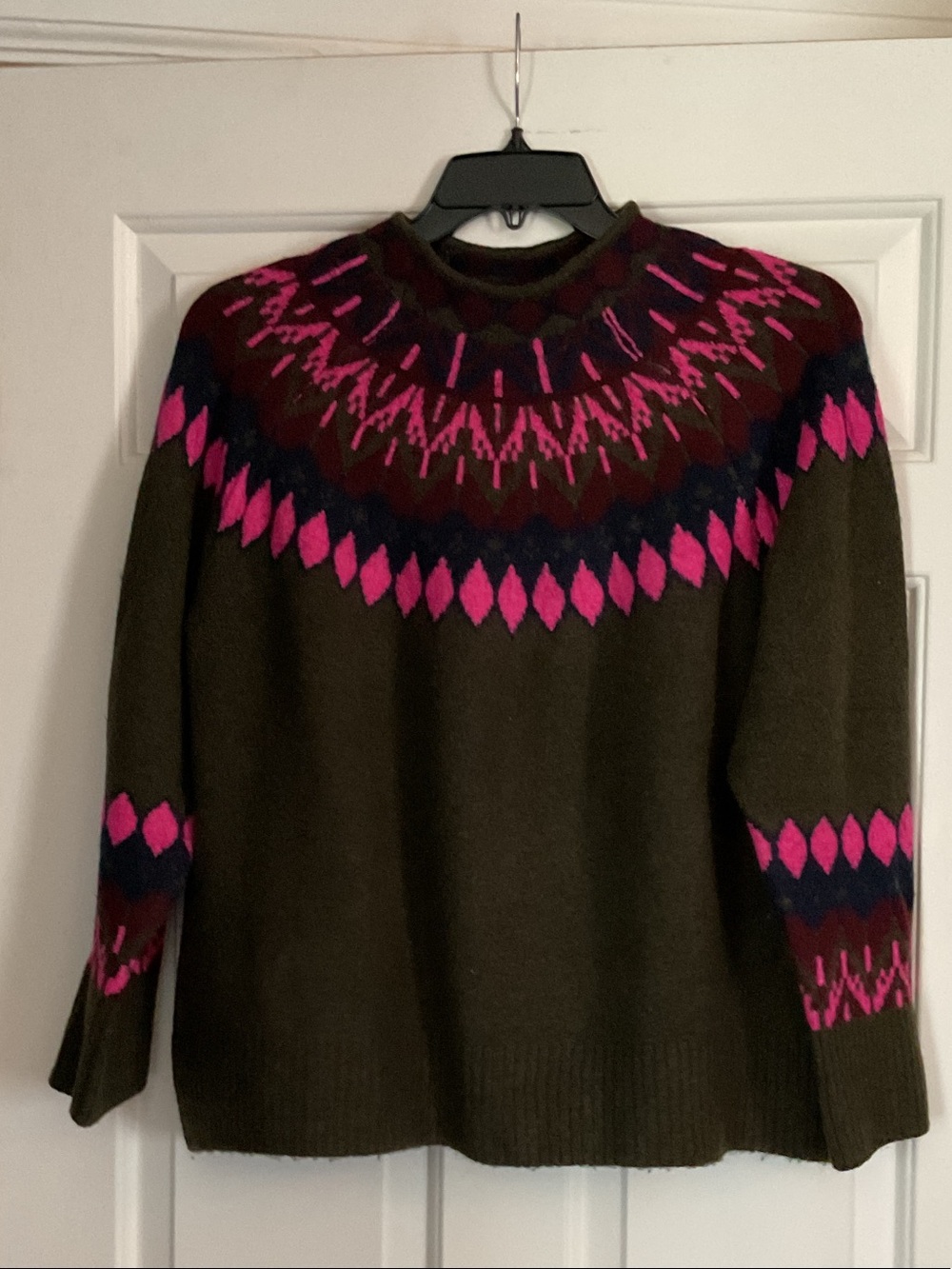 Vince Camuto Olive Crewneck Sweater with Pink Fair Isle Yoke